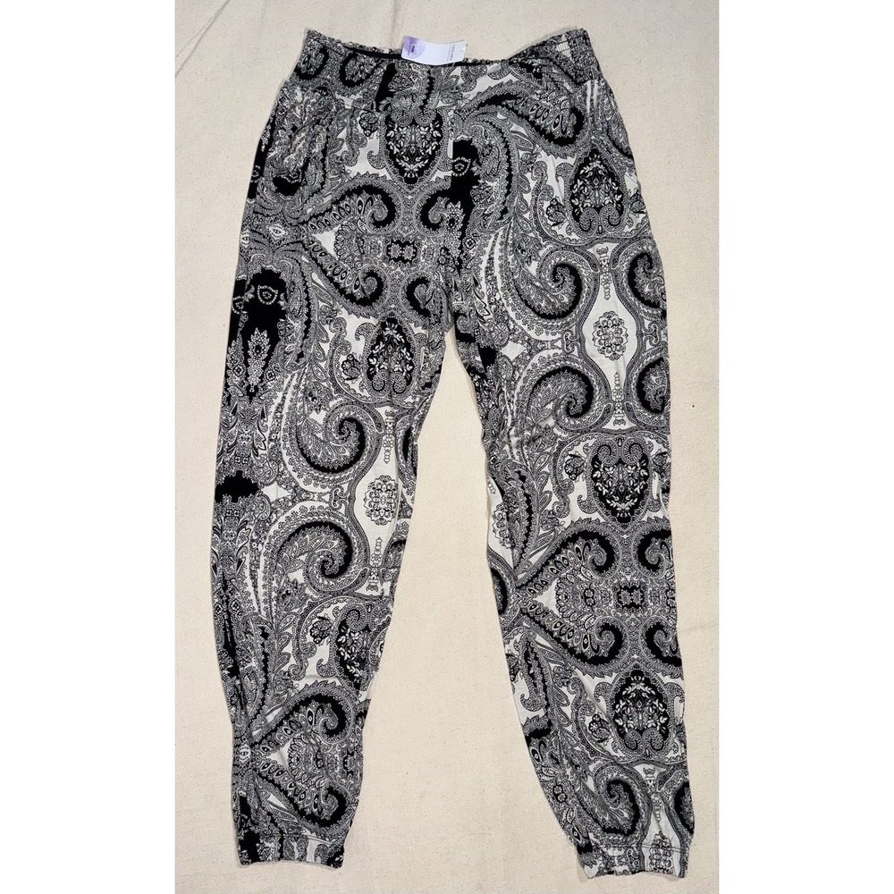 NEW LASCANA Black Paisley Print Jogger Pants Sz 14 44 Boho Lounge Comfy Resort